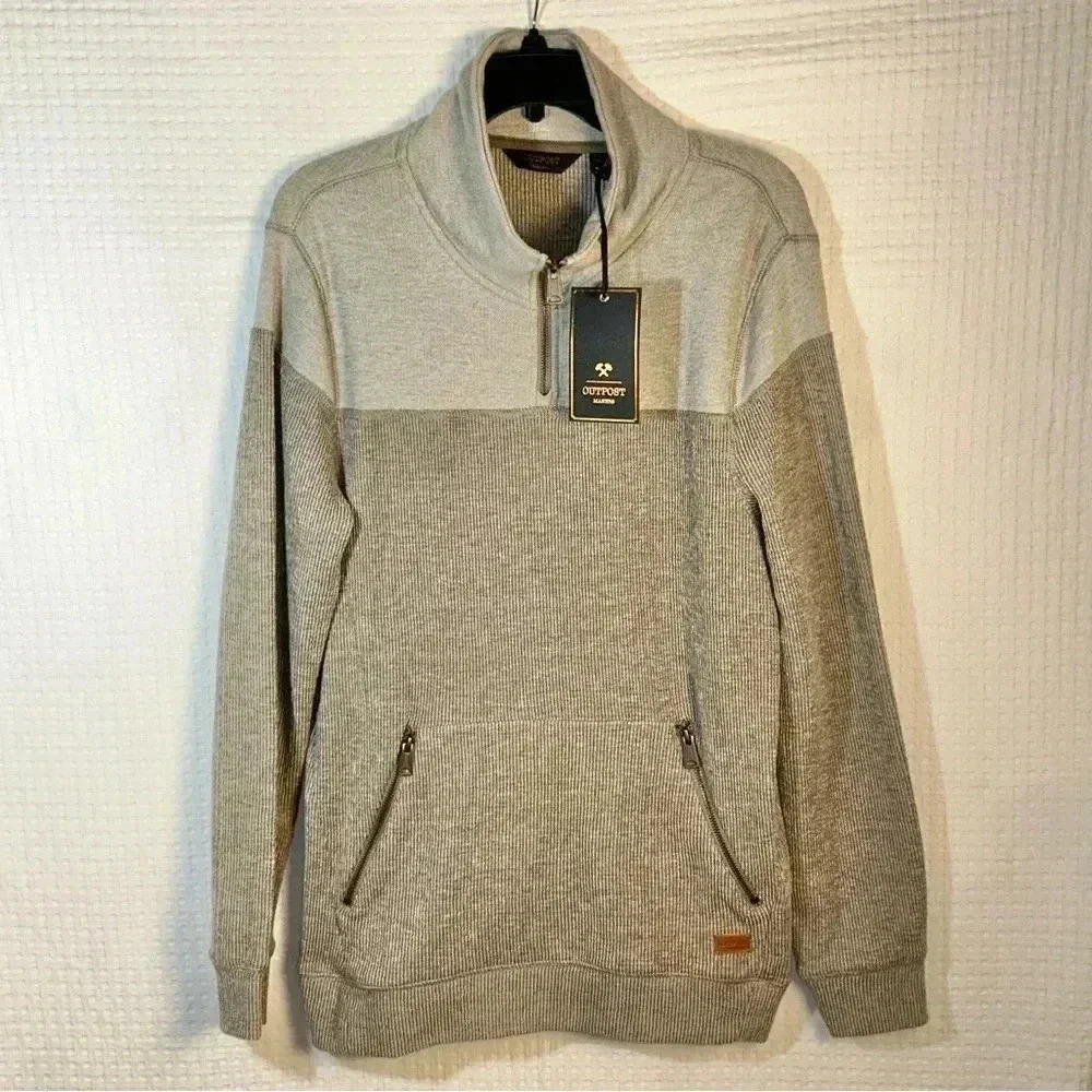NEW Outpost Makers Buckle Sz M Knit 1/4 Zip Sweater Terry Cloth Beige Brown